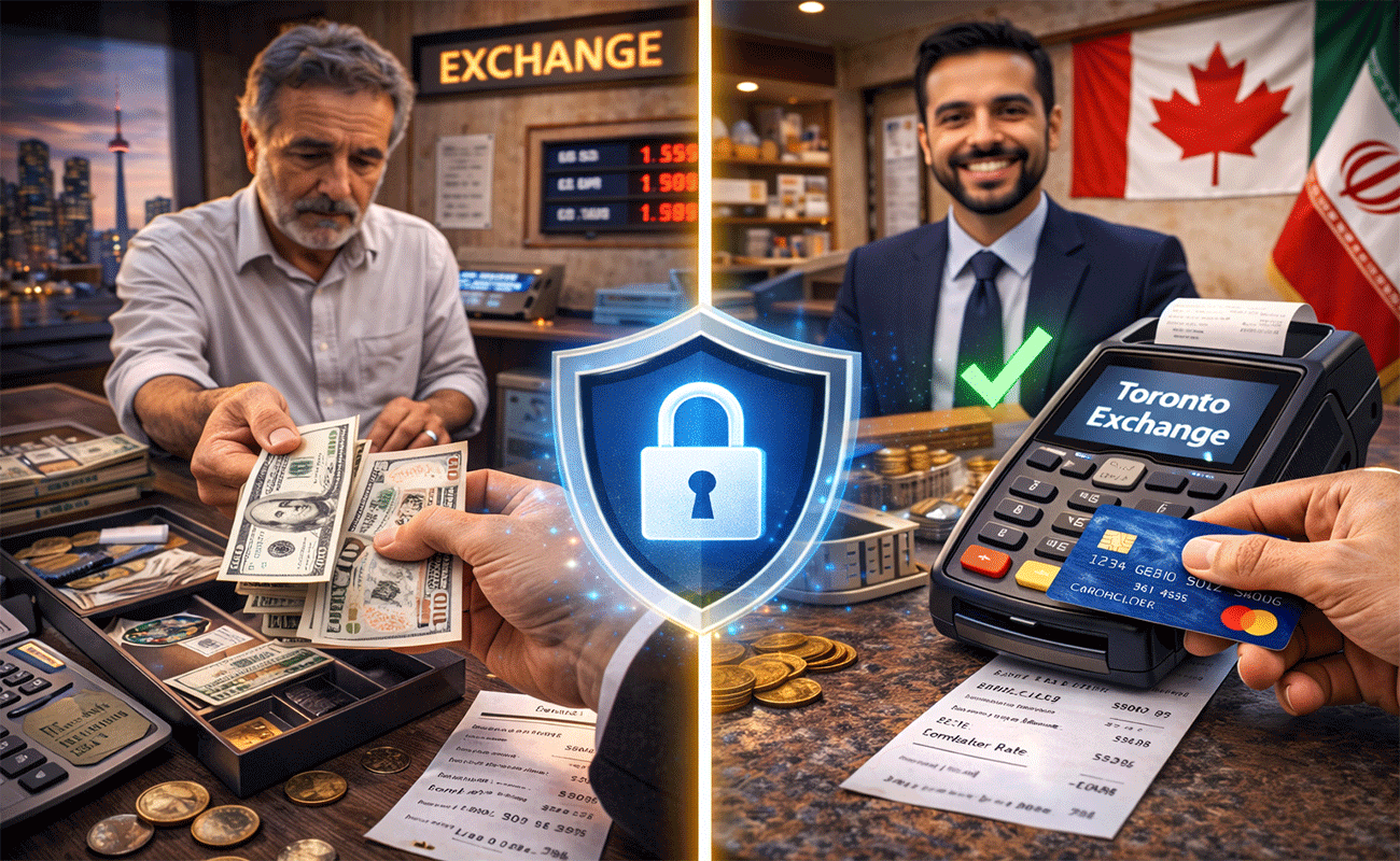 مقایسه صرافی حضوری و پرداخت کارت بانکی در تورنتو با تمرکز بر امنیت تبادل ارز در صرافی میلیون